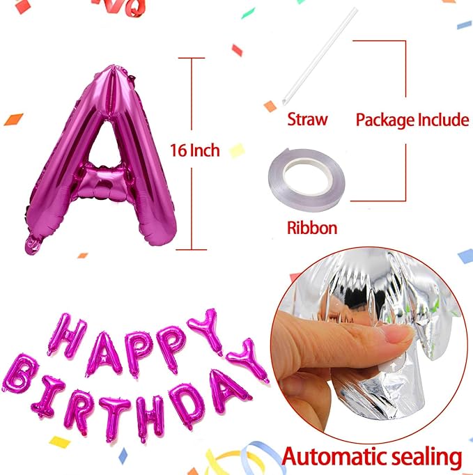 KALOR Hot Pink Happy Birthday Balloons Banner, 16 Inch Mylar Foil Letters Balloon Sign for Birthday Party Decorations Photo Booth Backdrop
