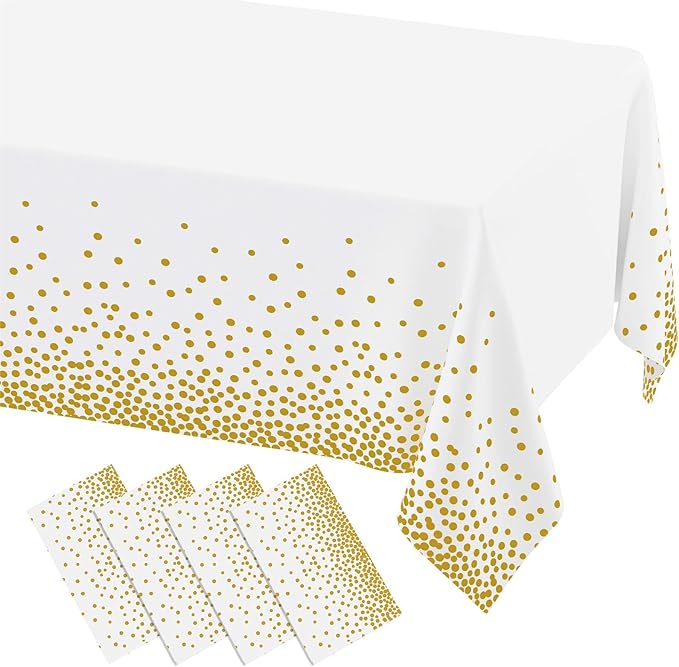 misaya 4 Packs Dot Disposable Table Cloth, 54 x 108 Inch Waterproof Plastic Tablecloth, Rectangle Gold Dots in White Table Covers for Easter, Picnic, Birthday, Party