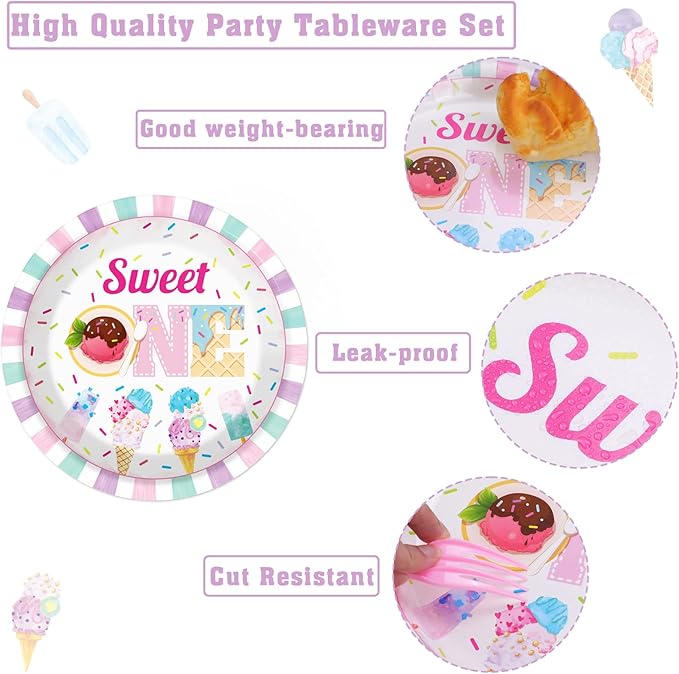 chiazllta 96Pcs Sweet One Ice Cream 1st Birthday Party Paper Plates and Napkins Supplies, Ice Cream Popsicle First Birthday Tableware Decorations for Party Favors 24 Guests