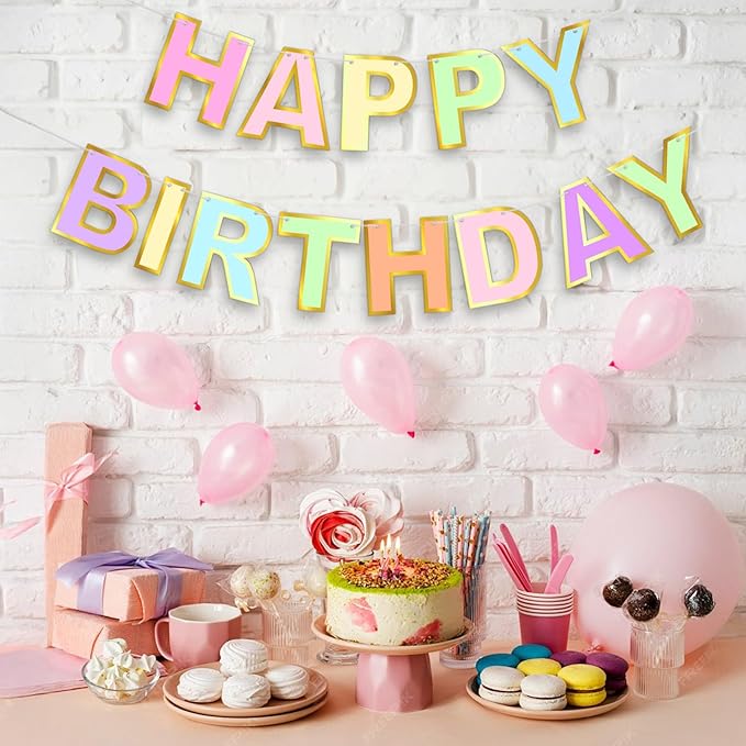 Macaron Happy Birthday Banner, Happy Birthday Decorations for Women Girls Kids, Happy Birthday Sign for Birthday Party Backdrop Decor