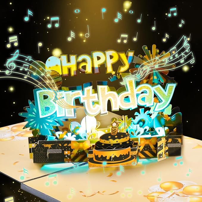 Musical Black Gold Pop Up Card, Light & Music Pop Up Birthday Cards, 3D Father's Day Card, Music Happy Birthday Card, Anniversary Card, for All Occasion with Envelope.