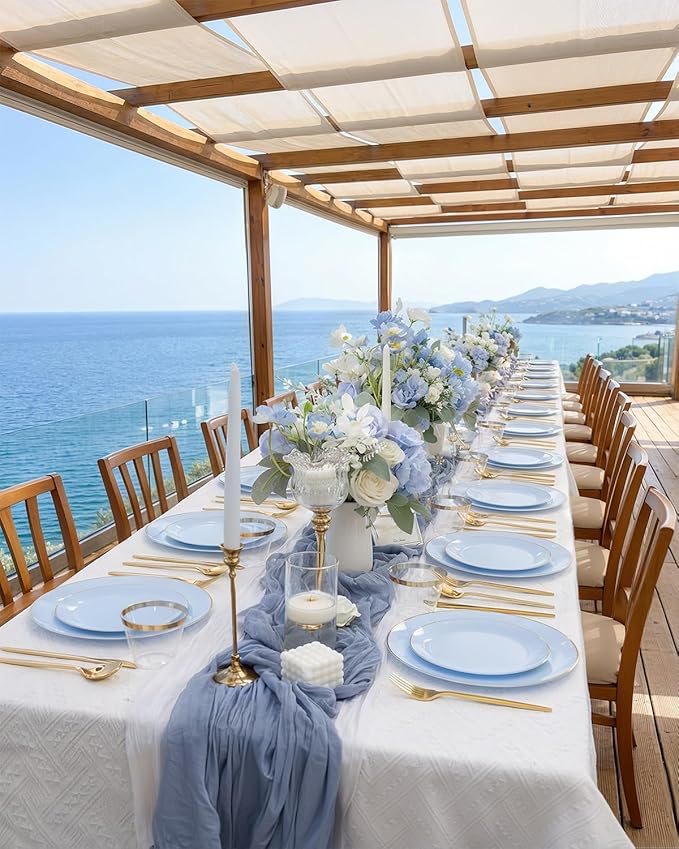 bUCLA 150PCS Blue Plastic Plates - Light Blue and Gold Disposable Include 25 Each (Dinner & Dessert) Plates, 25 Knives, 25 Forks, 25 Spoons and 25 Cups, Ideal for Party, Easter, Birthday & Wedding