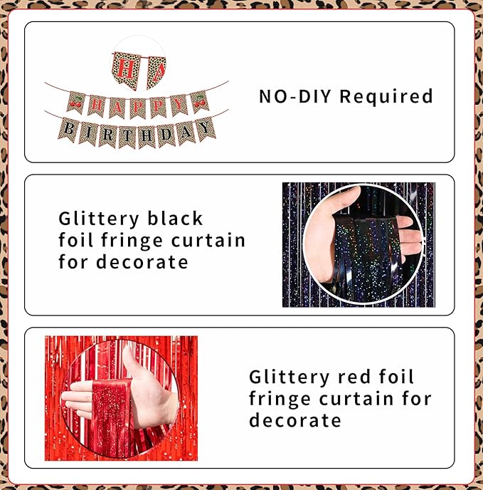 Red Cheetah Print Birthday Decorations Pre-Strung Leopard Happy Birthday Banner, Cherry Red Lips Foil Balloons, Laser Fringe Curtains, Hanging Swirls Y2K Cheetah Cherry Party Supplies for Women Girls