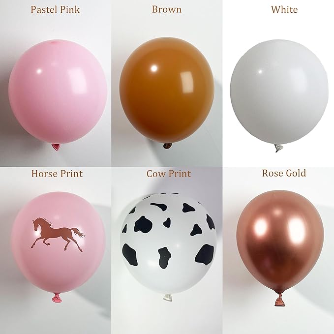 Cowgirl Balloon Arch Kit, Pastel Pink Brown White Rose Gold Balloon Garland with Cow Print and Paisley Bandana, for Rodeo Birthday Party, Western Baby Shower Decoration