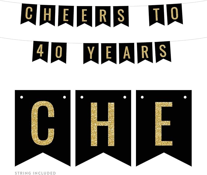 Andaz Press Faux Gold Glitter on Black Birthday Party Banner Decorations, Cheers to 40 Years, Approx 5-Feet, 1-Set, 40th Birthday Milestone Colored Hanging Pennant Decor