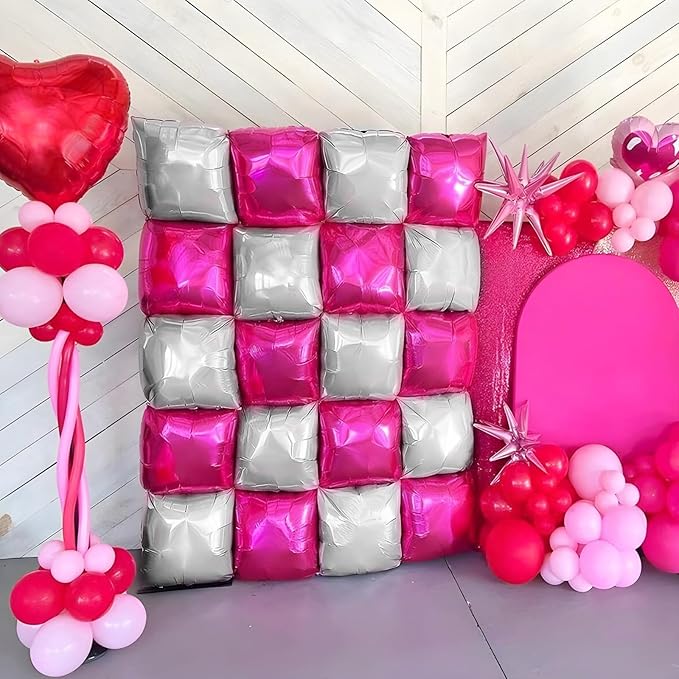 Hot Pink Silver Square Foil Balloons Wall, 25PCS Double Sided Chrome Silver and Pink Balloons Tunnel Arch Kit Backdrop for Girls Birthday Party Princess Graduation Galentines Valentines Decorations