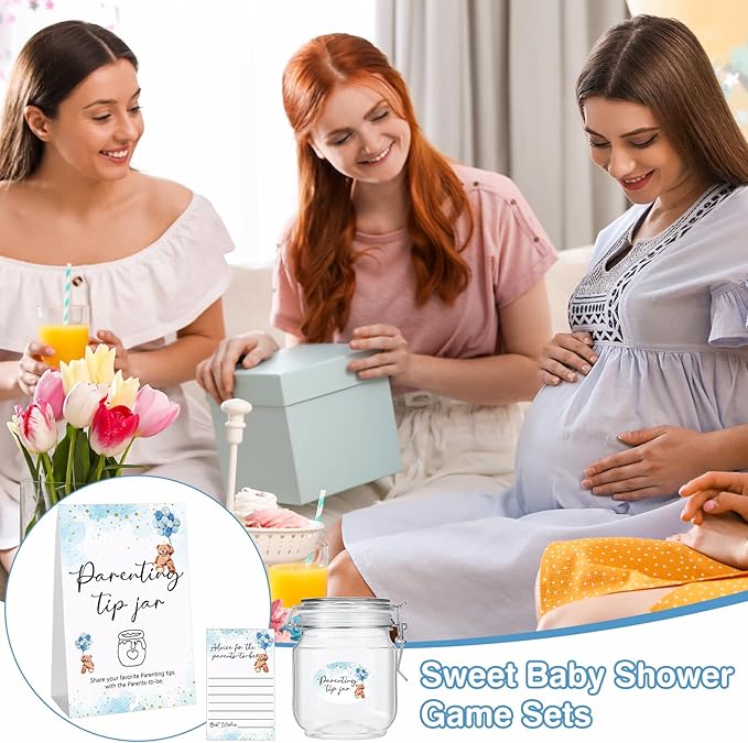 Roowest Baby Shower to Baby Advice Cards for New Parents to Be - Tip Jar Sign for New Parents 60 Parenting Advice Cards 10 HB Pencils 2 Cute Stickers 1 Pet Bottle for Guests Games(Blue Bear)