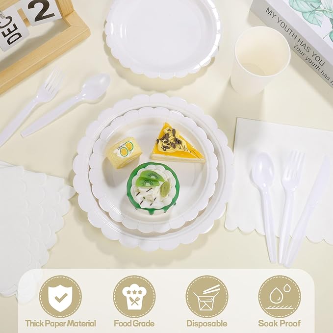 350 Pcs White Paper Plates and Napkins, 50 Guest White Party Supplies Include Scalloped Plates Paper Napkin Cup Plastic Spoon Fork Knive for Baby Shower, Wedding, Birthday