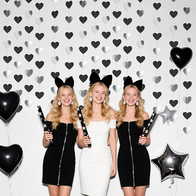 GCQQ Black White Silver Party Decorations - 52FT Black Glitter Heart Garland 4 Pack Paper Birthday Hanging Streamer Garlands for Valentine's Day Wedding Engagement Anniversary Bachelorette Party Decor