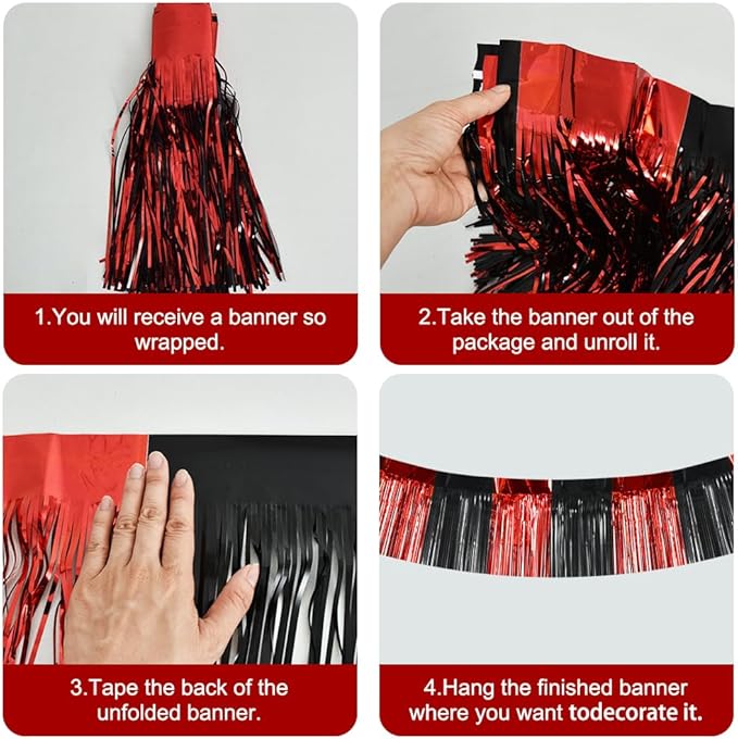 BEISHIDA 3 Packs Metallic Foil Fringe Garland Red Black Wall Hanging Tinsel Fringe Banners for Car Floats Bridal Shower Wedding Birthday Easter Graduation Holiday Party Decoration(30 Feet)