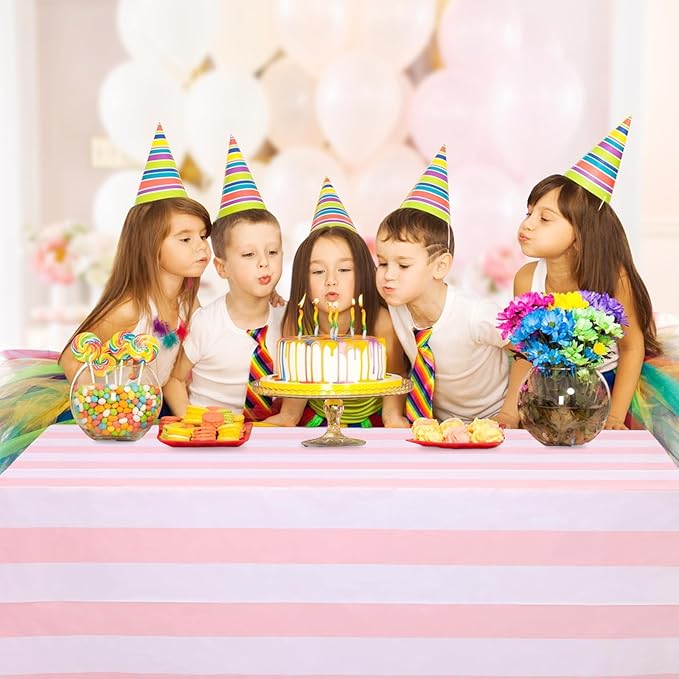 Kesfey 5 Pack Pink and White Vertical Striped Tablecloth - 54 x 108 Inch Waterproof Pink Striped Picnic Table Cover for Birthday Party