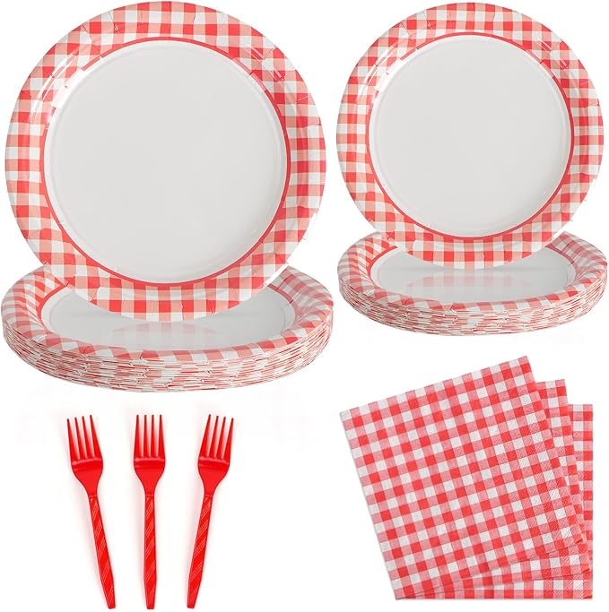 168PCS Party Plates, Scalloped Gingham Paper Plates and Cups and Napkins Sets Party Supplies for Birthday Wedding Bridal Shower Baby Shower Picnic, Serve for 24 Guests (Red Gingham)
