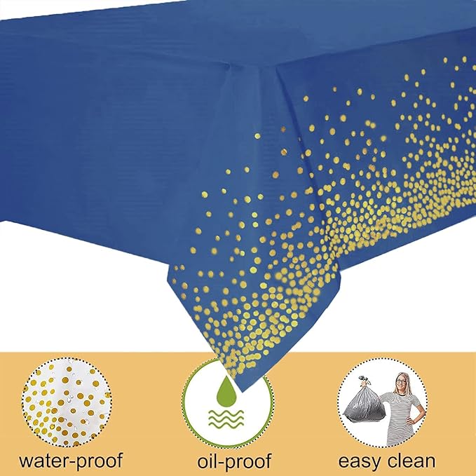 Yancorp 2 Pack Plastic Tablecloth Disposable Navy Blue Gold Tablecloth for Rectangle Tables 54" x 108" Party Decorations Birthday Thanksgiving Christmas Wedding Outdoor BBQ Picnic