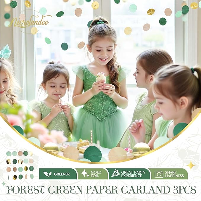 NICROLANDEE Wedding Party Decorations - 3 Pack Sage Green Dots Paper Garland String Hanging Backdrop for St Patricks Day Rustic Wedding, Neutral Baby Shower, Vintage Party, Birthday, Engagement