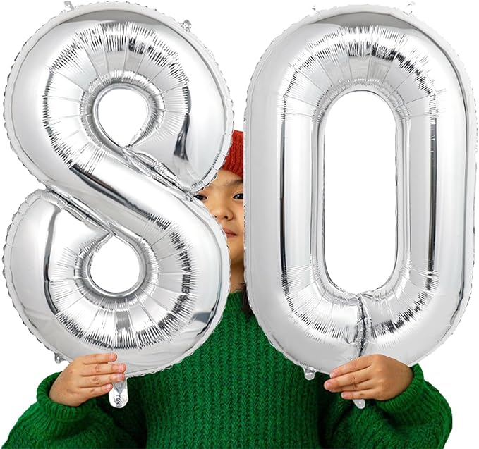 Number Balloons Silver Party Balloon - Giant Number 80 Balloon, 40 Inch Large Balloon for 80th Birthday Decorations, Silver Party Supplies for Anniversary