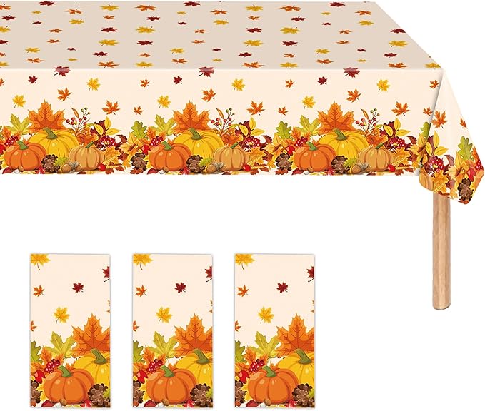 3 Pieces Thanksgiving Disposable Tablecloth, 54 x 108 Inch Rectangle Waterproof Plastic Fall Thanksgiving Theme Tablecloth for Harvest Party Table Decoration
