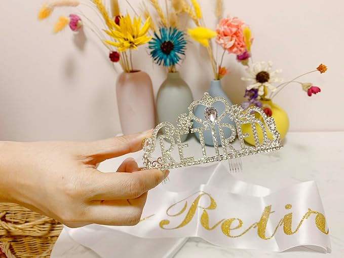 JETKONG Retirement Party Decorations Retired Tiara/Crown, Retired Sash for Women Retirement Gifts, Retirement Party Supplies, Gifts, Favors (Silver)