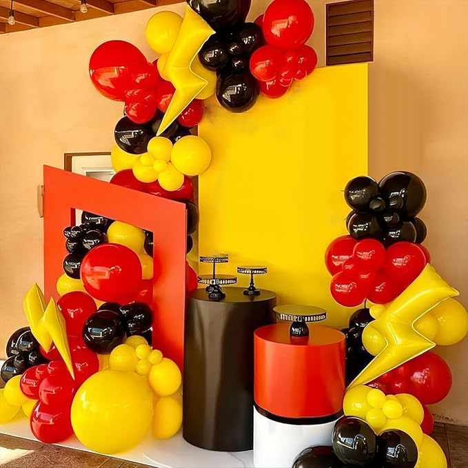Red Black Yellow Balloons Arch Garland Kit, Cartoon Birthday Party Balloons with Lightning Star Balloons for Cartoon Theme Birthday Baby Shower Party Decor