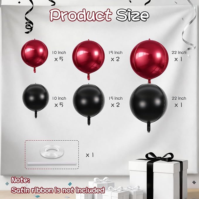 Togvu Black Burgundy Round Foil Balloons, 16PCS Different Sizes 4D Black Balloon Maroon Large Mirror Ball Balloons for Prom Graduation New Year Halloween Birthday Party Ceiling Decorations Supplies