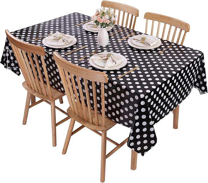 Kesfey 5 Packs Black and White Dots Table Cloth 54x108 Inch Black Polka Dot Mini Mouse Plastic Table Cloth Disposable Black Waterproof Picnic Table Covers for Rectangle Tables Halloween Birthday Party