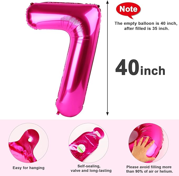 40 Inch Number 7 Balloon, Hot Pink Seven Birthday Decor, 7 17 27 70 Year Old Balloon Number for Engagement, Wedding, Graduations