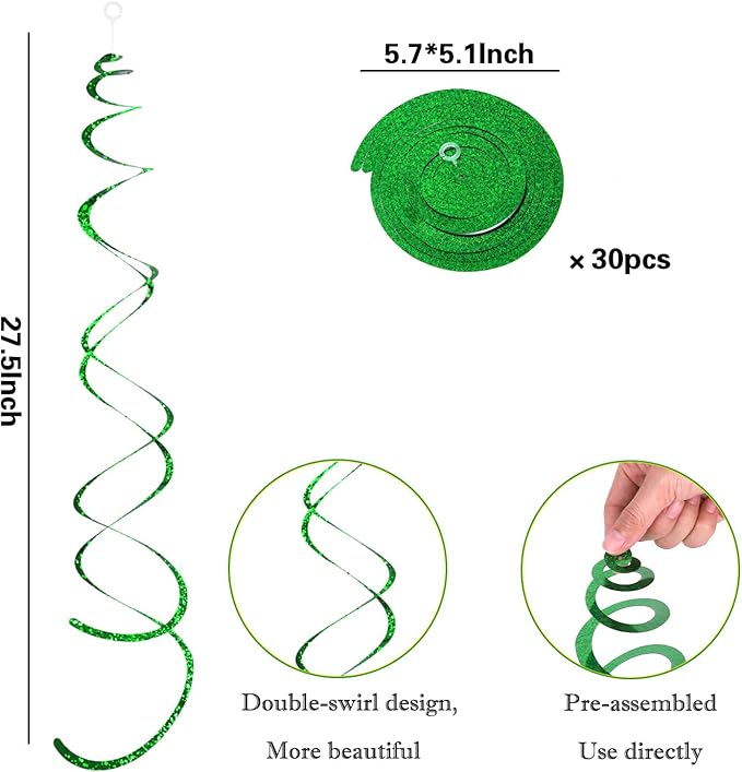 30 Pieces Green Party Swirl Decorations, Sparkle Green Hanging Swirls Whirls Shimmer Plastic Streamer for Ceiling, Party Supplies for St. Patrick's Day Tropical Hawaiian Birthday Christmas Party Decor