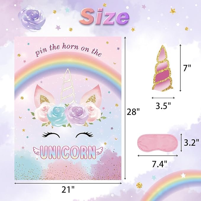 Pin The Horn on The Unicorns Party Game with 24 PCS Horn and Eye Mask for Kids Girls Birthday 21'' x 28'' (Unicorns)