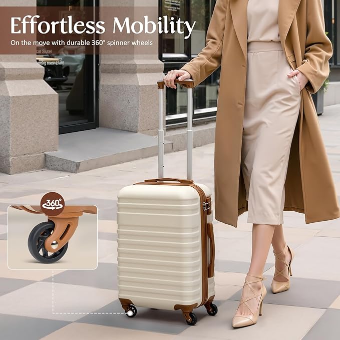 Coolife 3 Piece Luggage Set Carry On Suitcase with Hardside Durable TSA Lock Spinner Wheels (Apricot White, DB/TB/20)