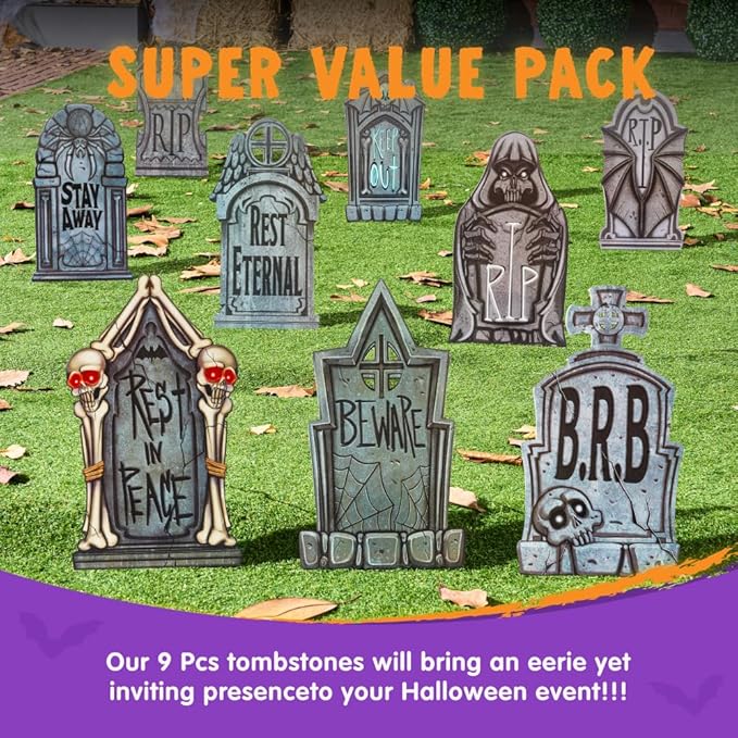JOYIN 16" 9 Pcs Halloween Tombstones Decorations Outdoor Graveyard Decor, Yard Lawn Cemetery Plastic Headstones with 18 Metal Stakes for Halloween Indoor Prop Decorations, Party Decor Supplies