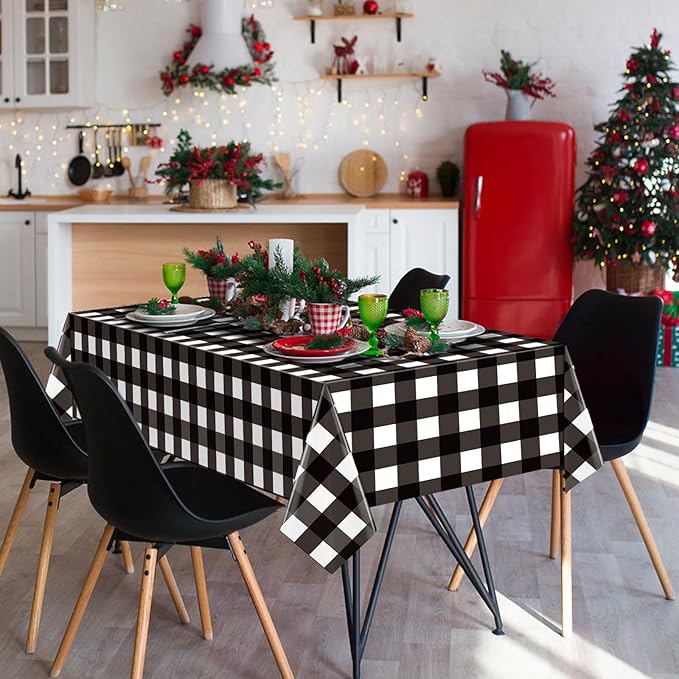 Hxezoc 3 Pack Buffalo Plaid Plastic Tablecloth, 54 x 108 Inch Black and White Checkered Disposable Winter Table Cover for Birthday Party Decorations Outdoor Indoor Party Supplies