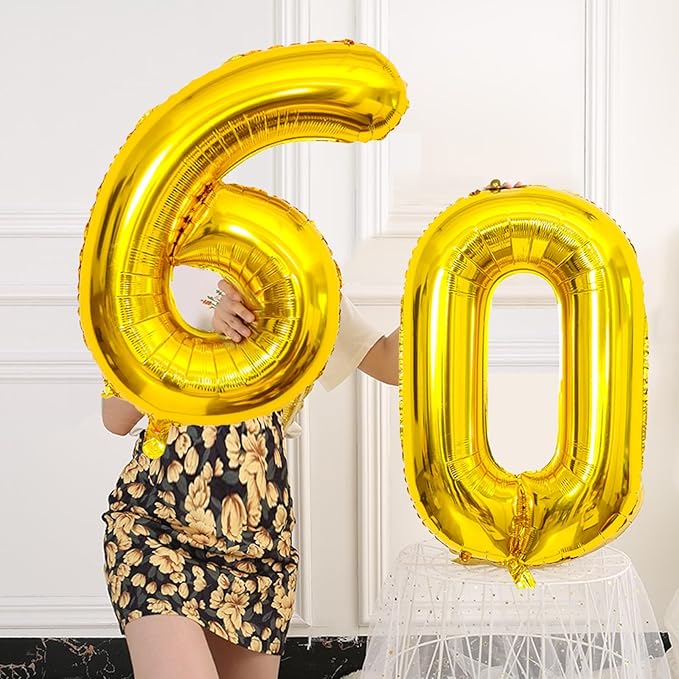SINBEE Gold 40inch Number Balloon for Party, 60 Mylar Foil Digital Balloon for Birthday, Anniversary, Decorations Supplies (Gold 60, 1.0 Count, 40 inches, Reusable, Unisex)