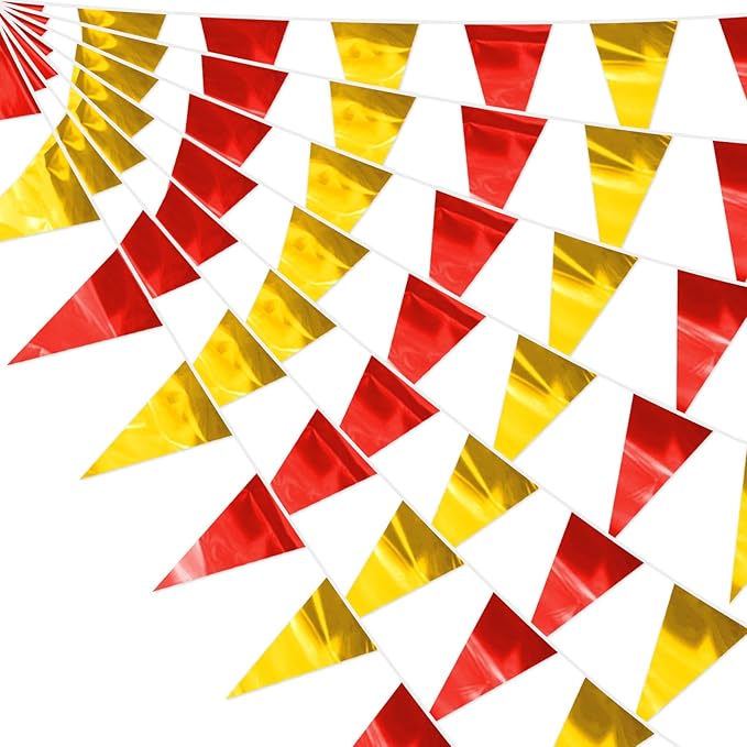32.8FT Red Gold Glitter Triangle Pennant Banner Flag Metallic Bunting Outdoor Garland for Christmas Graduation Anniversary Birthday Engagement Wedding Anniversary Casino Party Decorations Decor