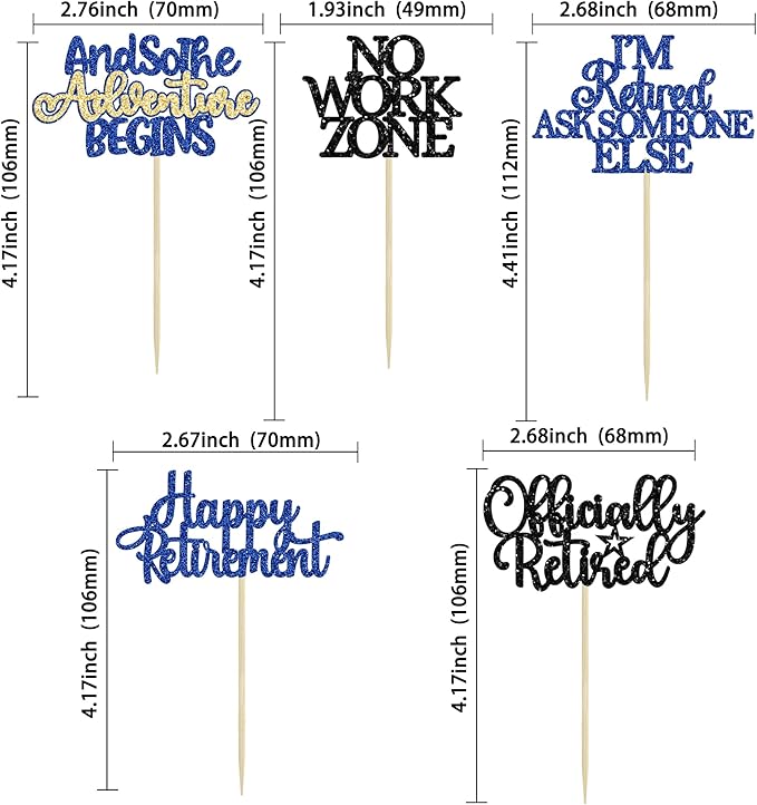 Gyufise 30Pcs Happy Retirement Cupcake Toppers Officially Retired Cake Toppers No Work Zone Adventure Begins Cupcake Picks for Retirement Theme Farewell Birthday Party Decorations Supplies Blue Black