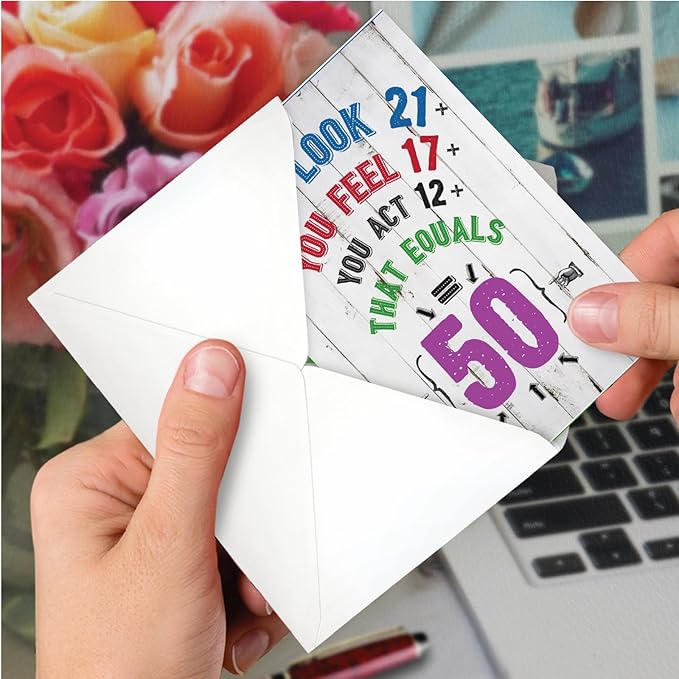NobleWorks - 50th Funny Milestone Birthday for Men and Women, Celebrate and Congrats Notecard with Envelope - Age Equation 50 Birthday C7195MBG