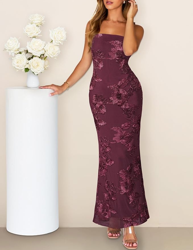 MEROKEETY Women's Floral Strapless Maxi Dress 2026 Summer Mesh Tube Bodycon Formal Wedding Guest Cocktail Party Long Dresses