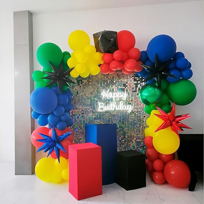 Red Blue Yellow Green Balloons Garland Arch Kit Primary Colors Balloon Arch with Explosion Star Foil Balloons Metallic Blue Green Balloon for Carnival Party Decorations