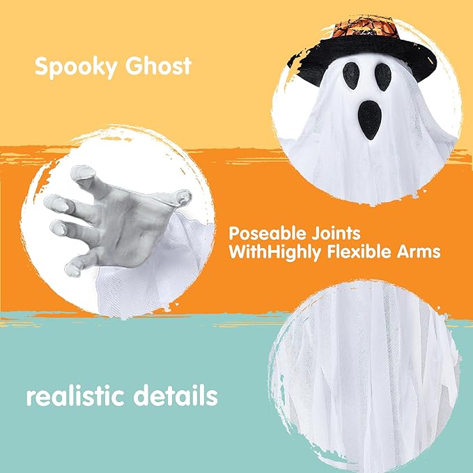 JOYIN 3 Pack 24.8" Halloween Hanging Ghost Decorations, Halloween White Flying Ghost with Hats for Haunted House Graveyard Scene, Spooky Indoor and Outdoor Decor