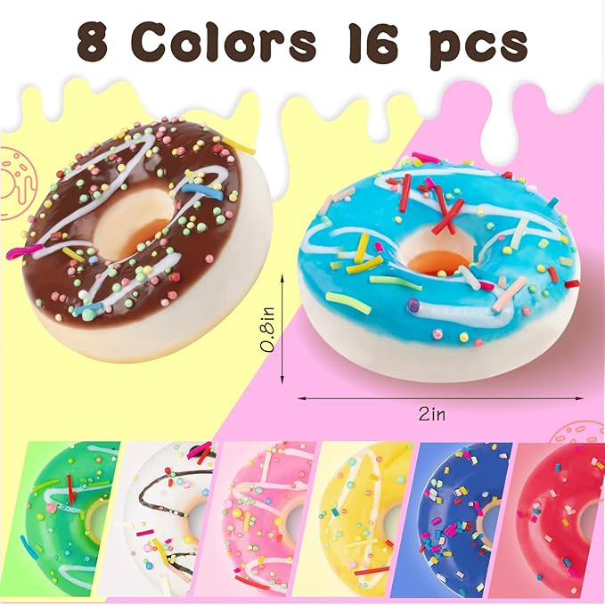 Rainbow Donut Stress Ball Artificial Donuts Stress Relief Ball Foam Mini Donut for Donut Party Favors Birthday Party Shop Decoration （8 Colors 16pcs）