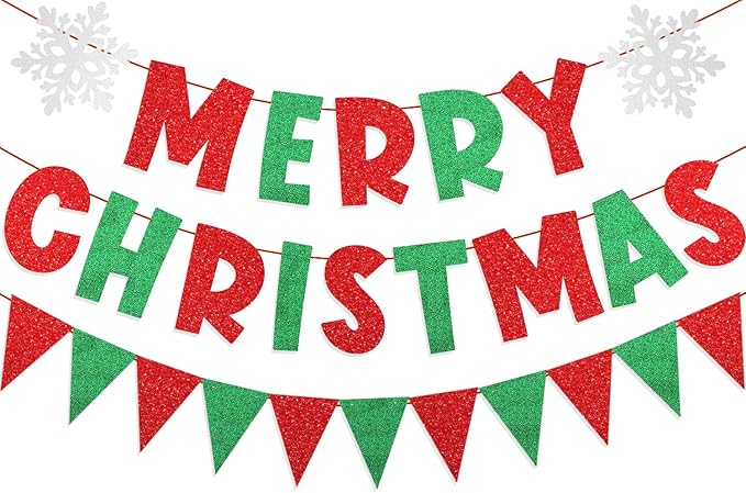 Merry Christmas Banner Red Green Glitter,Christmas Pennant Banner Triangle Flag,Christmas Party Decorations,Xmas Decorations,Xmas Home Office Party Fireplace Mantel Decorations
