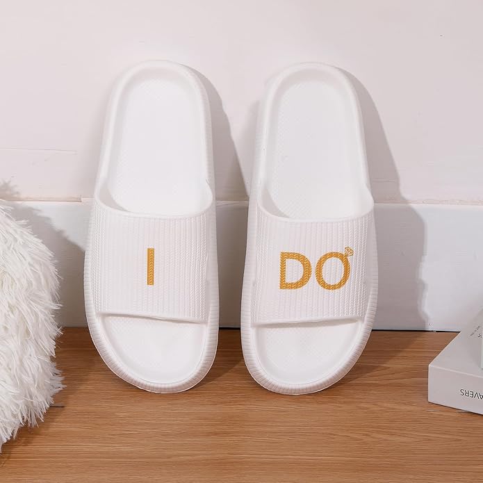 Women's Bride Slippers - White I DO Bride Slide Sandals for Bachelorette Party & Bridal Shower