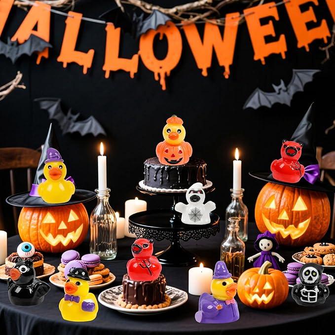 120 Pcs Halloween Mini Ducks 8 Styles Miniature Resin Ducks Bulk Skeleton Pumpkin Witch Devil Ghost Tiny Duck Figures for Halloween Party Favors Gift DIY Craft Dollhouse Decorations