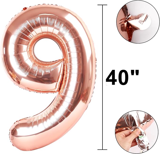 Rose Gold Number 9 Balloon 40 Inch 9 Number Balloons Giant Nine Years Old Foil Mylar Helium Large Digital Balloon Champagne Gold Birthday Numbers 19 29 90 Anniversary Events Party Decorations Supplies