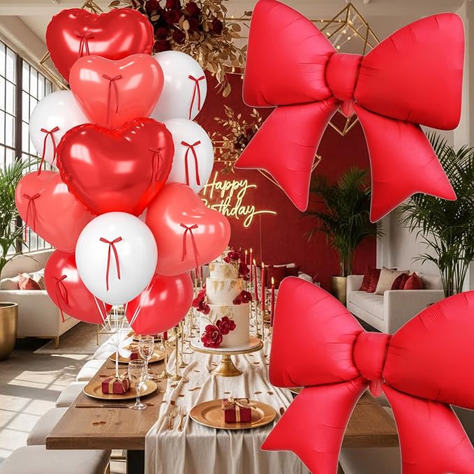 Red Heart Balloons, 38 Inch Bow Balloons, 16Pcs Red White Valentines Balloon Foil Balloon with Bow Ribbons for Birthday Wedding Bridal Baby Shower Valentines Day Decorations