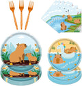 Rakuto Capybara Birthday Party Decorations, 96PCS Disposable Capybara Plates and Napkins Forks, Cute Animals Themed Dinnerware Set Tableware Supplies Serve 24