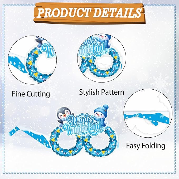 16Pcs Winter Party Glasses Frames, Funny Winter Paper Glasses Snowmen Snowflake Eyeglasses Photo Booth Props for Christmas Holiday Birthday New Year Party Supplies