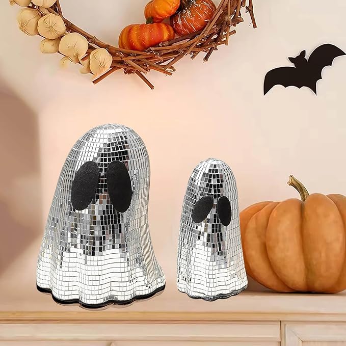 2 Pcs Halloween Disco Ghost Decor Ghost Disco Ball Table Decoration Indoor Glitter Sign Halloween Tiered Tray Decor for Props Home Tabletop Decorations