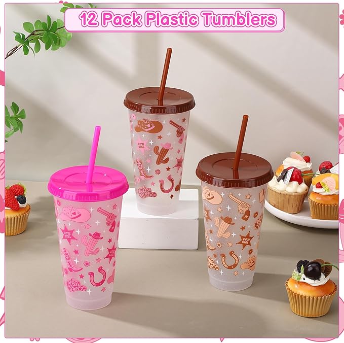12 Pcs Western Cowgirl Cups with Lids and Straws 24 oz Cowgirl Party Favors Drinking Cups for Valentine's Day Western Party Favors Wedding Birthday Party Supplies