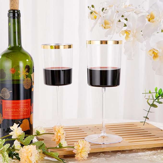 Ciaell 12 Pack Plastic Wine Glasses - 14 Oz Plastic Wine Glasses with Stem - Square Gold Disposable Stemmed Glass for Parties & Weddings & Outdoors