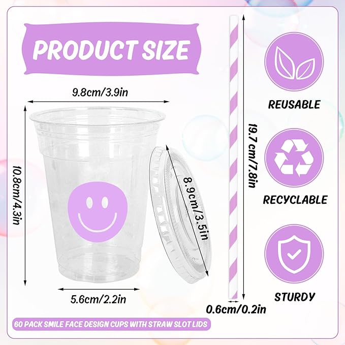Whaline 60Pcs Smile Face Disposable Plastic Cups with Lids and Straws 12oz Pastel Preppy Smile Pattern Cold Beverage Drinking Cup for First Birthday Baby Shower Wedding