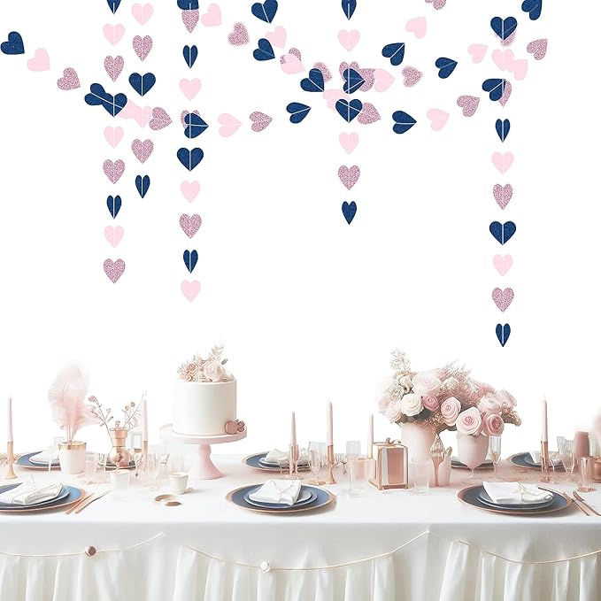Navy-Blue Pink Rose-Gold Party Decorations - 52Ft Paper Heart Garland Streamers for Baby Shower, Gender Reveal, Birthday, Engagement, Bachelorette, Wedding